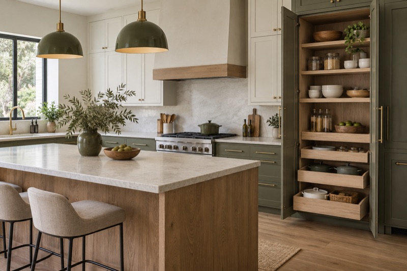 Cocina moderna con almacenamiento funcional, isla y gabinetes verdes