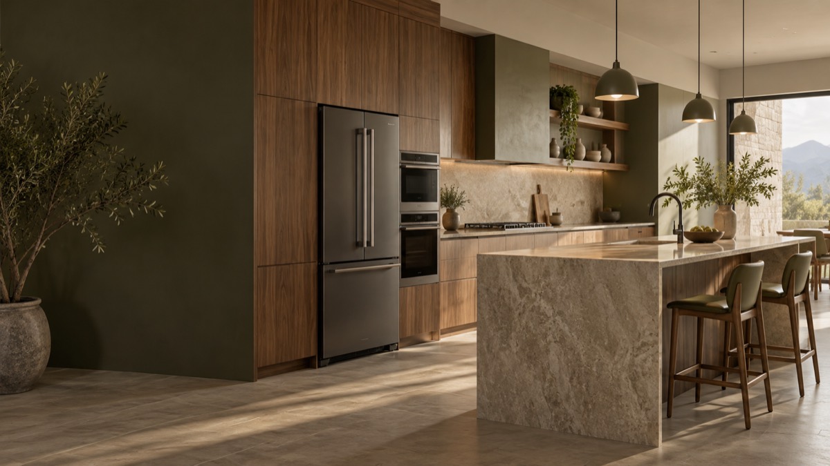 Cocina moderna con isla, madera cálida y cubierta de piedra para inspiración de renovación en Monterrey