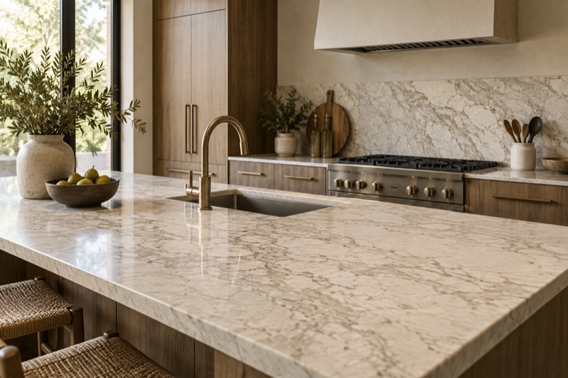 Cubierta de piedra clara en cocina moderna con muebles de madera